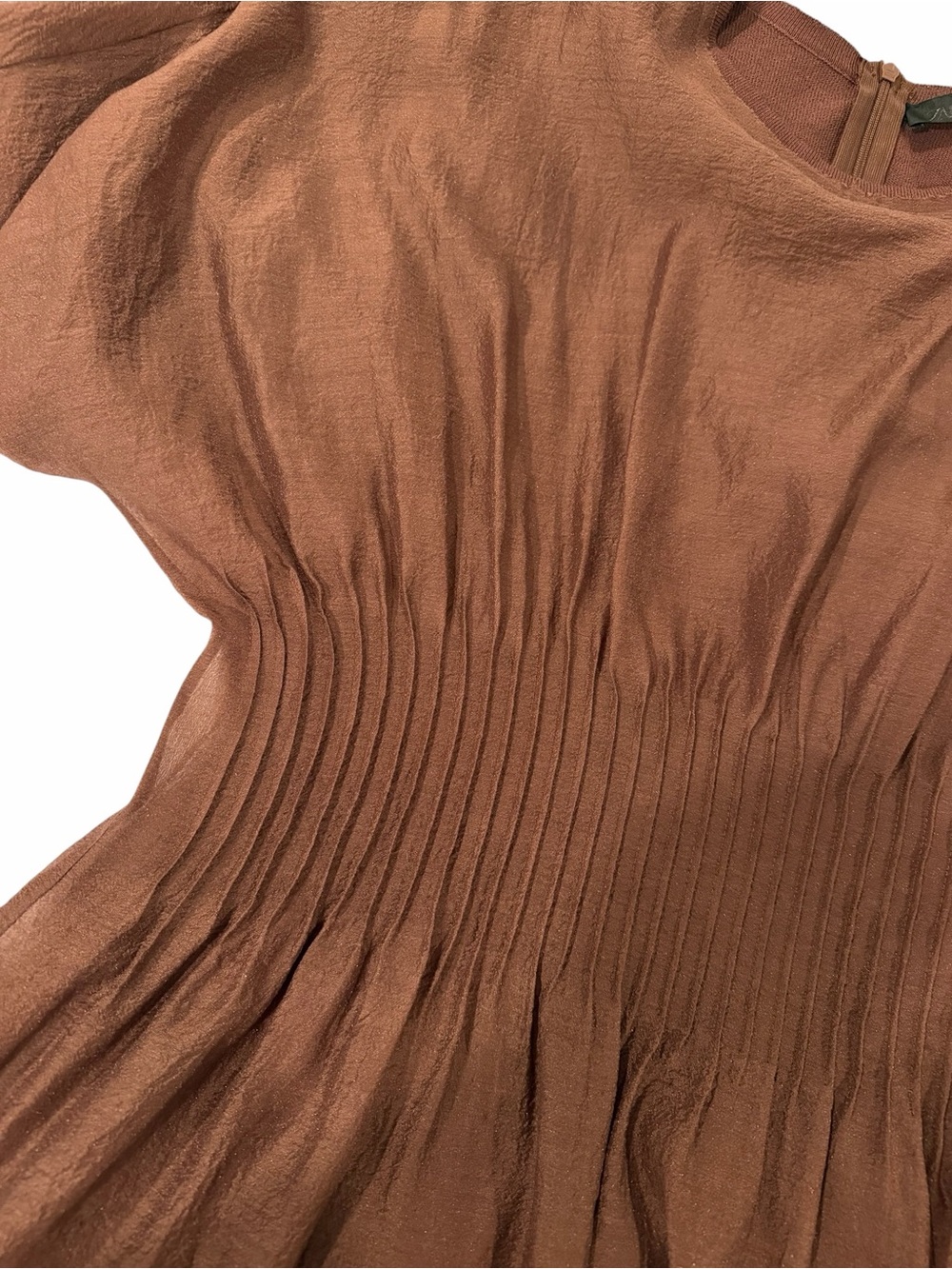 Zara Round-Neck Dress with pleated waist in Deep Brown